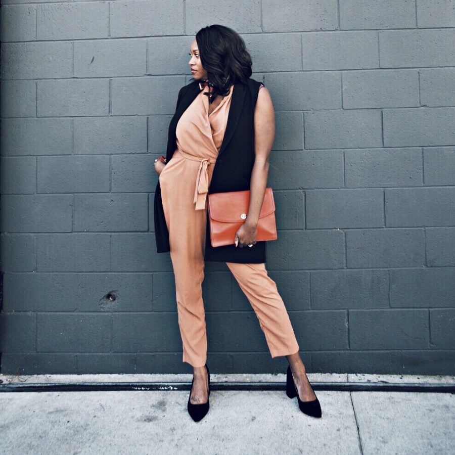 melissa wearing fall jumpsuit